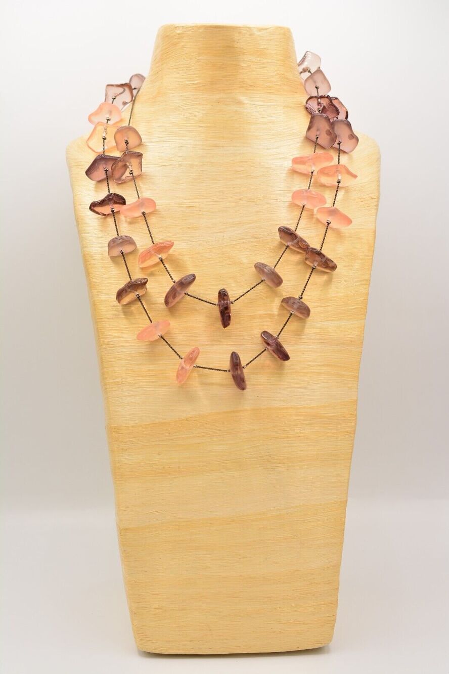 Dell'olio Statement Necklace Frosted Beaded Lucite Stones Pink Wine Signed BinK